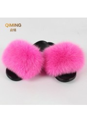 Women Summer Fluffy Fur Slippers Flat Non-slip Solid Real Furry Fur Slides Platform Shoes Plush Fur Sandals Flip Flops Women