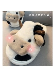 Women Winter Cute Animal Slippers Fashion Kawaii Fluffy Winter Warm Slippers Female Cartoon Milk Cow Indoor Slippers Funny Shoes