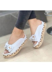 Women Bowknot Slippers Braided Straps Outdoor Sandals Thick Bottom Casual Open Toe Flat Shoes Female Straw Woven Soft Slippers