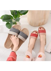 Women Linen Home Slippers Summer Casual Slides Beach Shoes Ladies Indoor Linen Slippers Bohemia Striped Flip Flops Sandals