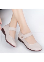 Rimocy Comfort Soft Bottom Flats Women Spring Flower Ankle Strap Flat Heels Mom Shoes Woman Beige PU Leather Light Nursing Shoes