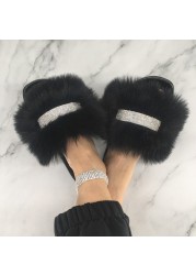 Home Slippers Women Thin Slippers Luxury Summer Faux Fur Slippers Furry Slides Shoes For Women With Rhinestones Slipper 2022