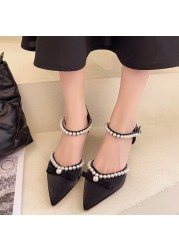 Rimocy 2022 Summer Pearl Pumps Women Pointed Toe Ankle Strap High Heels Shoes Woman Med Heel Elegant Bowknot Dress Shoes Ladies