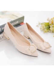 2022 new women's single shoes real soft leather spring and autumn mid heel shallow mouth pointy soft leather mother shoes