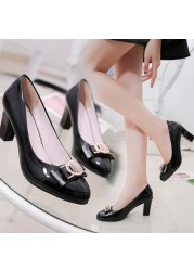 Pofulove Women Heels Ladies Office Work Shoes Woman Formal Leather Shoes Square Heel Round Toe Slip On Black High Heels