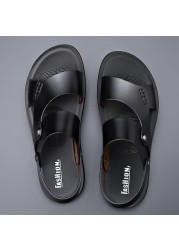 2022 summer new fashion men shoes vintage genuine leather non-slip beach slip-on sandals travel flip-flops black brown