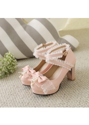 2022 new spring women shoes plus size 22-28cm feet length Chunky High Heel Pearl Bow Cross Buckle cute lolita Banquet shoes