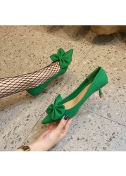 Rimocy Bowknot Green Pumps Women Slip On Soft PU Leather High Heel Shoes Woman Sexy Pointed Toe Thin Heel Office Ladies Shoes