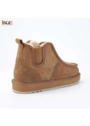 INOE Real Sheepskin Suede Men Sheep Wool Fur Lined Winter Short Ankle Snow Boots With Zipper Keep Warm Waterproof Boots