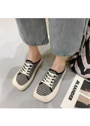 Canvas sandals and slippers women 2022 new style baotou back blank loafers students leisure one pedal square toe flat shoes