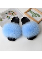 fluffy slippers women luxury real fox fur slippers women home fur slides ladies summer flip flops wholesale flat shoes slippers