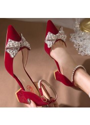 Rimocy Elegant Pointed Toe Crystal Bowtie Pumps Women Pearl Ankle Strap High Heels Shoes Woman White Slik Wedding Shoes Lady