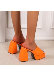 Platform Slippers Women's Sexy Square Toe High Heel Sandals Size 43 zapatos de mujer Orange Yellow Blue Black Women Shoes 20221