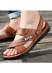 Men Beach Shoes Cow Sandals Quality Genuine Leather Non-slip Men Slippers Breathable Two Uses Men Sandals Men's Shoes