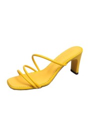 2022 New Summer Elegant Women 5cm Square High Heels Slides Mules Designer Yellow Green Heels Beach Slippers Female Shoes