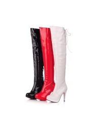 REAVE CAT 2021 Sexy Over the Knee Boots Patent Leather Velvet Round Toe Lace Up Zip Platform 11cm Thin Heel US12 White Red A4348