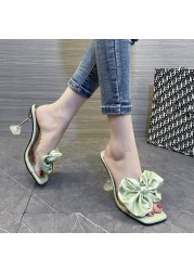 Rimocy Big Bow Fashion Slippers Women Transparent PVC Stiletto Heel Women Sandals Summer 2022 Crystal High Heels