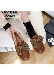 Fashion woman flat shoes ladies quality leather shoes loafers women slip on flats lady solid butterfly knot shoes