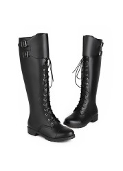 Women Knee High Boots Black Low Heel Lace-up Martin Motorcycle Knight Boots 2021 New Autumn Winter Long Boots