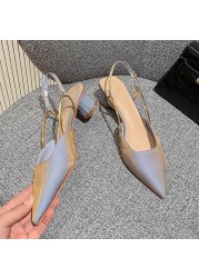 Lucyever 2022 Summer Pointed Toe Silk Pumps Women Back Strap Buckle Thick Heels Sandals Woman Shallow Mouth Party Shoes Ladies