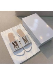 2022 summer new one word flat bottom sandals and slippers women letters metal buckle casual wear one step beach sandals