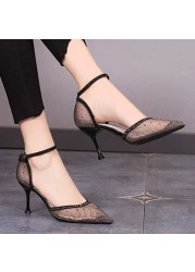 Lucifer Sexy Black Mesh High Heels Women Shoes Summer 2022 Pointed Toe Crystal Pumps Woman Shiny Ankle Strap Party Ladies Shoes