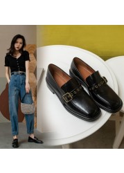 Hot selling women's shoes 22-25cm length natural leather pumps square toe buckle women's heels 2 colors black heel shoes for women