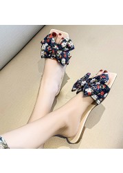 Lucifer Flower Bowknot Women Flat Slippers 2022 Summer Square Toe Boho Sandals Woman Non-slip Beach Shoes Female Plus Size 42