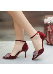 JMPRS Sexy Stiletto Heels Ankle Strap Pumps Woman Shining Rhinestone Bowknot Wedding Shoes for Women Silk Satin High Heels Shoes