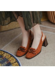 Meotina Slingback أحذية النساء جلد طبيعي حذاء حريمي كعب عالي مشبك سلسلة شرابة أحذية كريستال كعب سميك أحذية السيدات 40