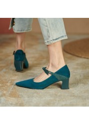 2021 Autumn Women Shoes Sheep Suede Pointed Toe Chunky Heel Women Pumps Shoes Ladies Concise Mary Janes Bow High Heel Shoes