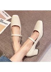 Rimocy Women Elegant Pearl Mary Janes Summer 2022 Simple Patent Leather Mid Heel Pumps Woman Black Square Heels Thick Heel Shoes