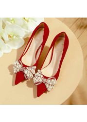 Rimocy Sexy Red Velvet Wedding Shoes for Women 2022 Luxury Pearl Bowknot Pointed Toe Pumps Woman Stiletto High Heel Dress