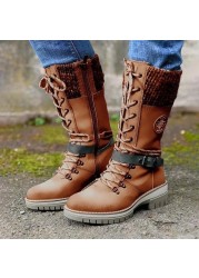 Women's Winter Side Pull Lace-up Knitted Mid Tube Boots Low Heel Round Toe Boots High Quality Winter Warm Boots Botas De Mujer