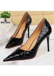 BIGTREE Patent Leather Shoes Woman Pumps 2022 Designer Shoes New Weave Style Fine High Heels Stiletto Heeled Shoes Party Shoes