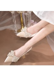 Rimocy Luxury High Heels Pearl Bowknot Women Pumps Pointed Toe Rhinestone Wedding Shoes Woman Champagne Silk Dress Party Pumps