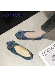 Summer women's shoes sexy pointed square buckle decorative comfortable corduroy fabric banquet flat shoes 2022 new large size