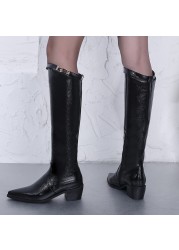 Lucifer 2021 Buckle Pointed Toe Knee High Boots Women Autumn Winter Thick Heels Long Boots Woman Waterproof PU Leather Botas