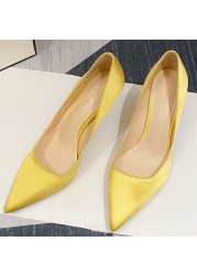 New Office Lady Pointed Toe Red Yellow Wedding Bridal Shoes Silk Satin Thin High Heel Stiletto Bride Shoes Women Pumps O0008