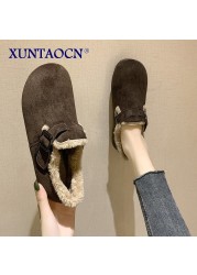 2022 New Solid Color Short Boots Buckle Strap Women Shoes Furry Plush Slip-on Flat Footwear Winter Warm Booties Female Snow Boot