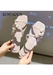 2022 Slippers women summer  Korean version new square-toe flat-heel candy color fashion outer wear sandals slippers