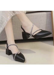 Lucifer Elegant Chunky Heel Women Open Toe Slippers Summer Faux Leather Crystal Strap Women Shoes Pointed Toe Slippers