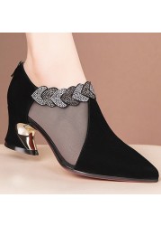 Lucifer Women Crystal Thick Heel Ankle Boots Breathable Mesh Pointed Toe Party Pumps Elegant Woman Back Zipper Ladies Shoes