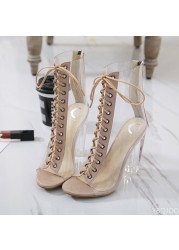 2022 Fashion Sexy Sandals Women PU Gladiator Transparent Square High Heel Women Shoes Shallow Dress Office Size 35-40