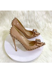 Spring pointed bow stiletto stiletto 12cm work shoes temperament soft leather rivet party dress all-match big size women's shoes