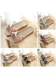 Summer Bowknot Linen Slippers Women Ladies Slippers Soft Bottom Silent Indoor Slippers Casual Slides Breathable Beach Shoes