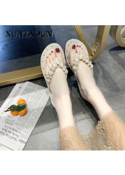 Flat Shoes Female Womens Slippers Outdoor Pantofle Low Rubber Flip Flops Slides 2022 Hawaiian Beach Glitter Fabric Crystal PU