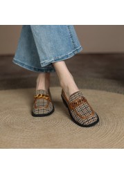 2022 Spring/Autumn Women Pumps Square Toe Chunky Heels Shoes Women Cotton Canvas Shoes Women French Retro Lattice Women Loafers