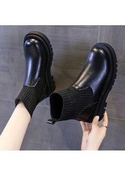 Knitted Leather Thigh High Boots Women Mid Tube Socks Boots 2021 New Autumn Women Fashion Martin Boots