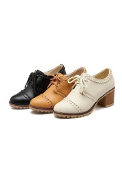 REAVE CAT Women Pumps Brogue Oxfords Round Toe Block Heels Lace-up Retro Big Size 34-43 Solid White Black Spring Casual S3620